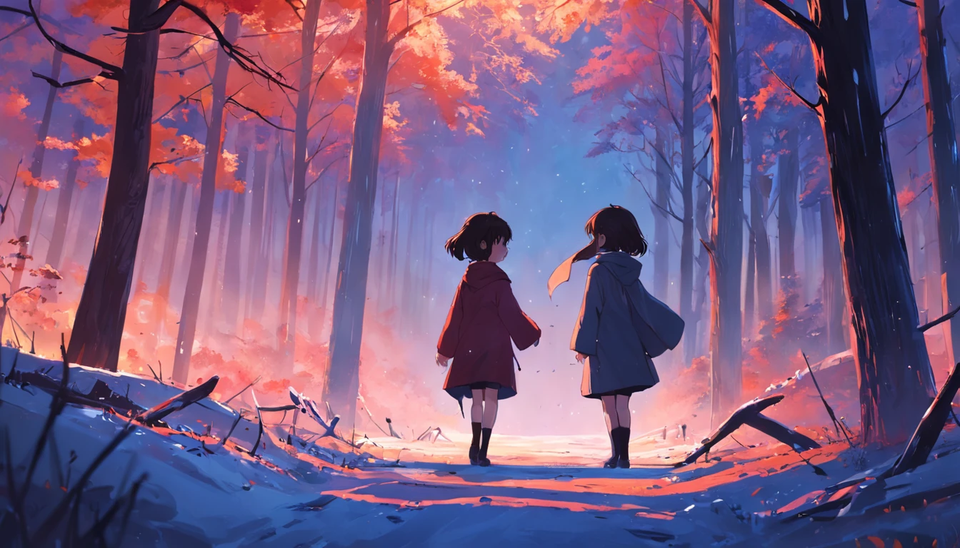 1girll，Woods scene，nevando，Manteau，Boys and girls wrap each other，having fun，Fog Shadow