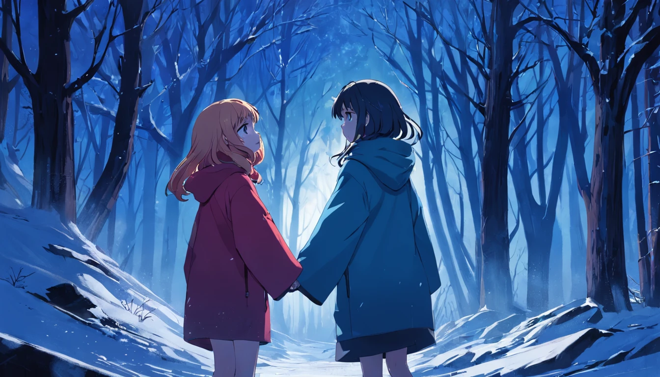 1girll,Woods scene,nevando,Manteau,Boys and girls wrap each other,having fun,Fog Shadow
