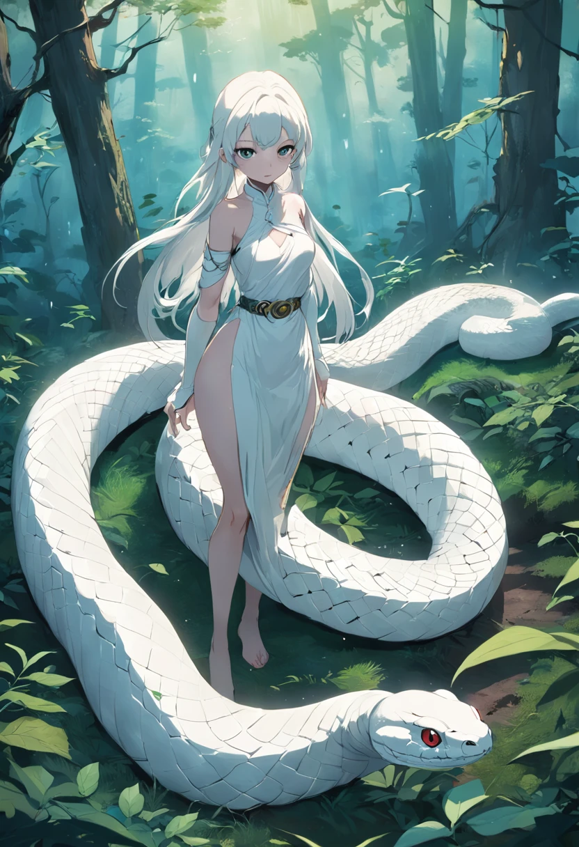 Super cute anthropomorphic white snake in Pixar style， in one's underwear only, Detailed White Snake, charming big eyes, nice tail, , Surreal, Super fine, Luxurious, elegant standing, charming big eyes, nice tail, Surreal, Ultra-Detailed Effects, Luxurious, Elegant, with an intricate, Gorgeous, illusion engine, Octane Rendering, 8K, Freissurrealism，Long twin-tailed hair，neon color，Red crystal eyes，Silk Detail Lace Lingerie，（（（A snake is wrapped around the body）））