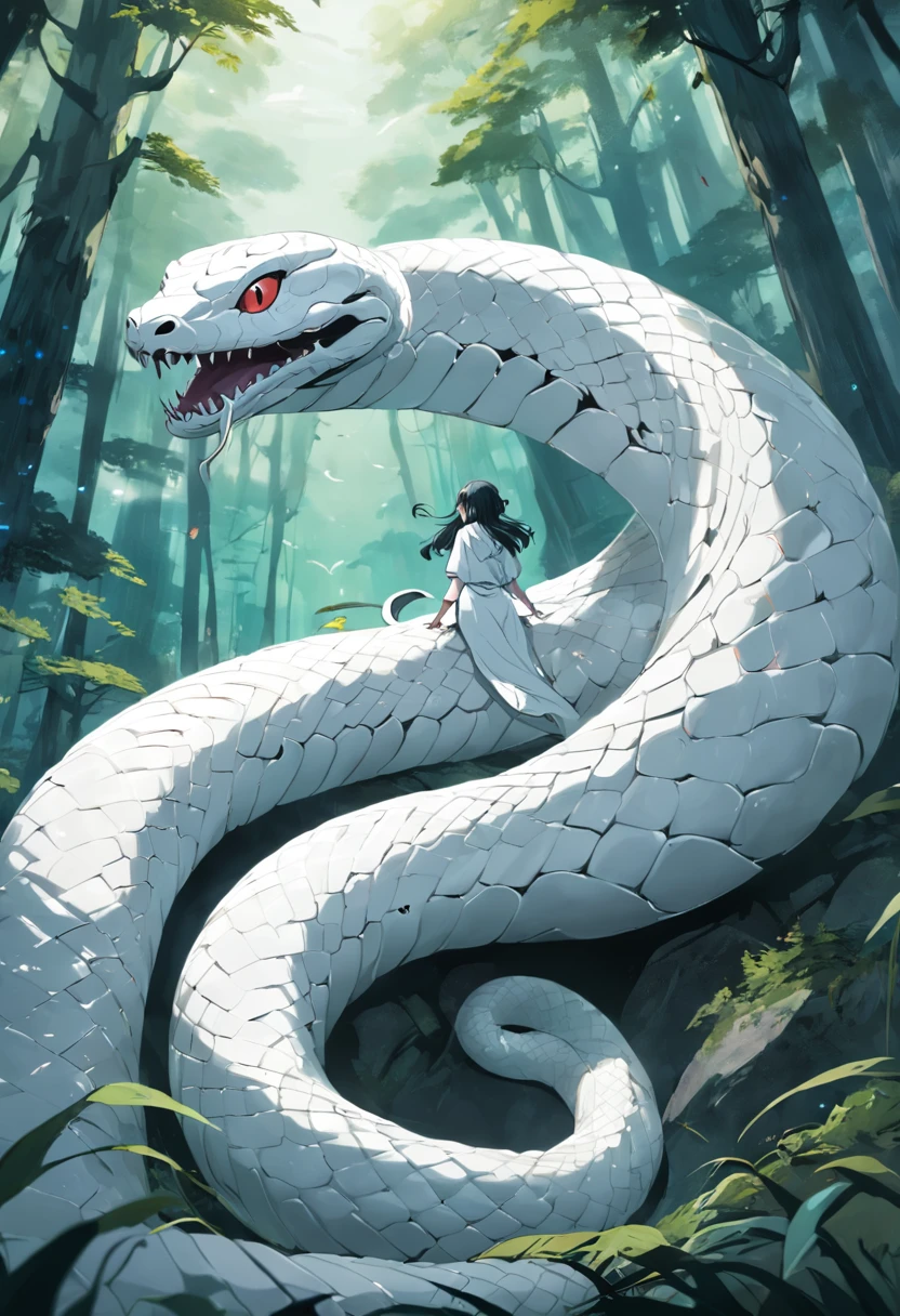 A large white snake slipped away，mystical aura, surreal atmosphere, Forest background，（Chinese folk suspense, terroral, Supernatural comic book style）， hyper qualit，hyper HD，4K