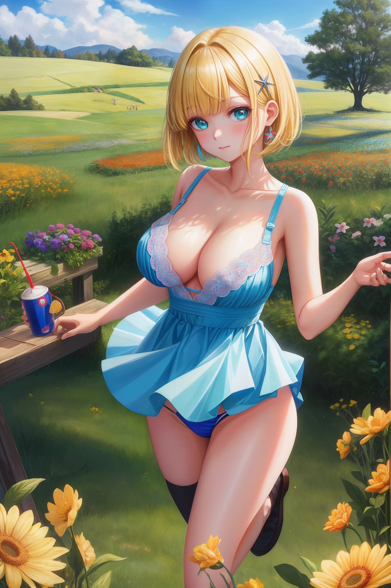 masterpiece, best quality, day, in a meadow, highres, idol, short hair, blonde hair, hime_cut, crossed bangs, x hair ornament, naughty_face, aqua eyes, medium breasts, breasts out, no bra, no_panties, american flag legwear, uwabaki, _juice, fruit_insertion, vibrator,