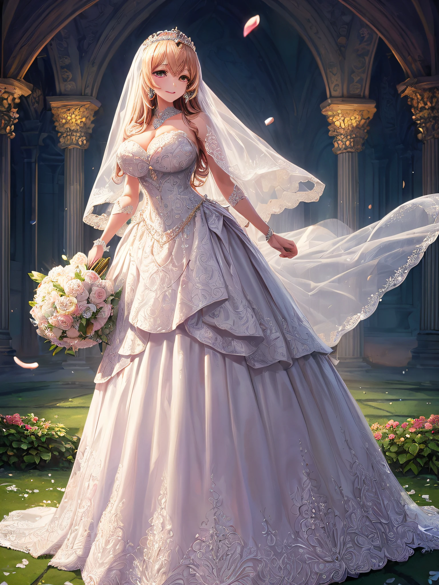 (masterpiece, best quality:1.2),1girl, (solo), cute, kawaii,digital art,((1 princess wearing beautiful embroidery and jeweled gorgeous princess ballgown wedding dress with voluminous full length hoop skirt)),crinoline,((gorgeous embroidery and beautiful lace)),(very gigantic boobs,cleavage,skindentation),((shiny hair,Bangs between eyes,voluminous straight hair,extremely Long straight Hair)),(finely detailed face and eye),smile,extremely gorgeousfull jeweled tiara,((bling-bling gorgeous gemstone jewelry)),long wedding veil,((standing in beautiful garden)),flowers,flower petals flowing,((beautiful embroidery and jeweled gorgeous princess ballgown wedding dress with voluminous full length hoop skirt))
