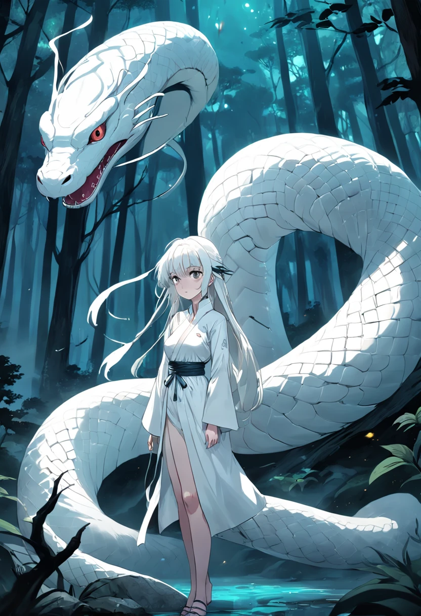 A large white snake slipped away，mystical aura, surreal atmosphere, Forest background，the night，（Chinese folk suspense, terroral, Supernatural comic book style）， hyper qualit，hyper HD，4K