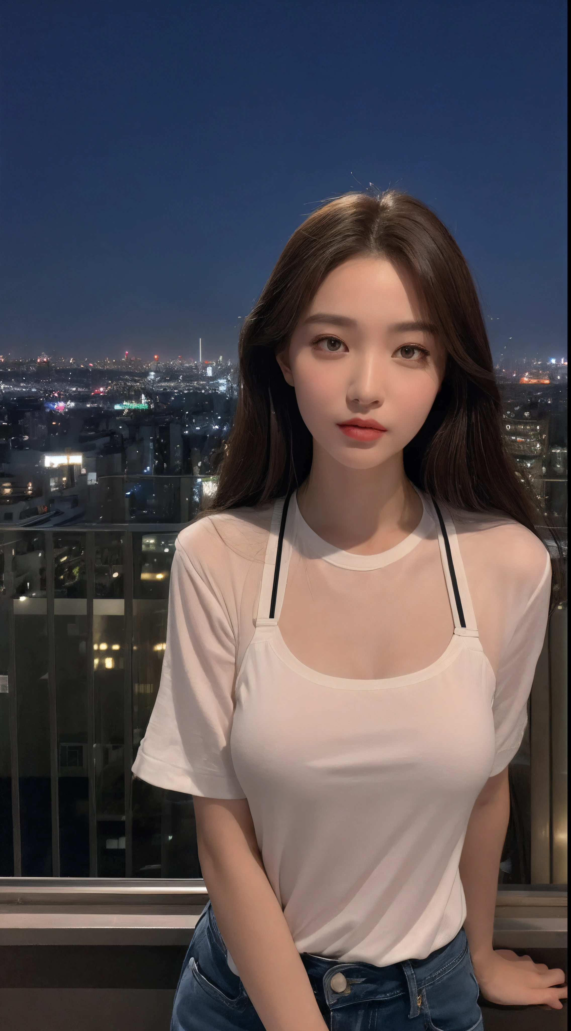 ((Midnight, Best quality, 8k, Masterpiece :1.3)), Whole body, Long legs, Sharp focus :1.2, A pretty woman with perfect figure :1.4, Slender abs :1.1, ((Dark brown hair, Big breasts :1.2)), (White tight tshirt, Jean bib, Standing:1.2), ((Night city view, Rooftop:1.3)), Highly detailed face and skin texture, Detailed eyes, Double eyelid