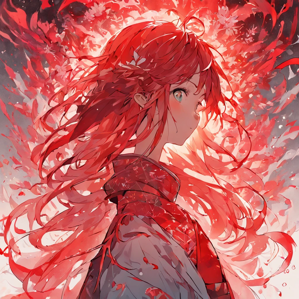 (fundo branco:1.4),(Silhouette of a girl's head, Olhos abertos e vermelhos, cabelos longos branco com vermelho, Elementos Orientais),(Japanese illustration:1.3,arte em papel:1.3, Arte em papel acolchoado:1.2),( design sofisticado, linhas claras e definidas, alta nitidez, best quality, Very detailed, master part, Efeito de luz do filme, 4k )