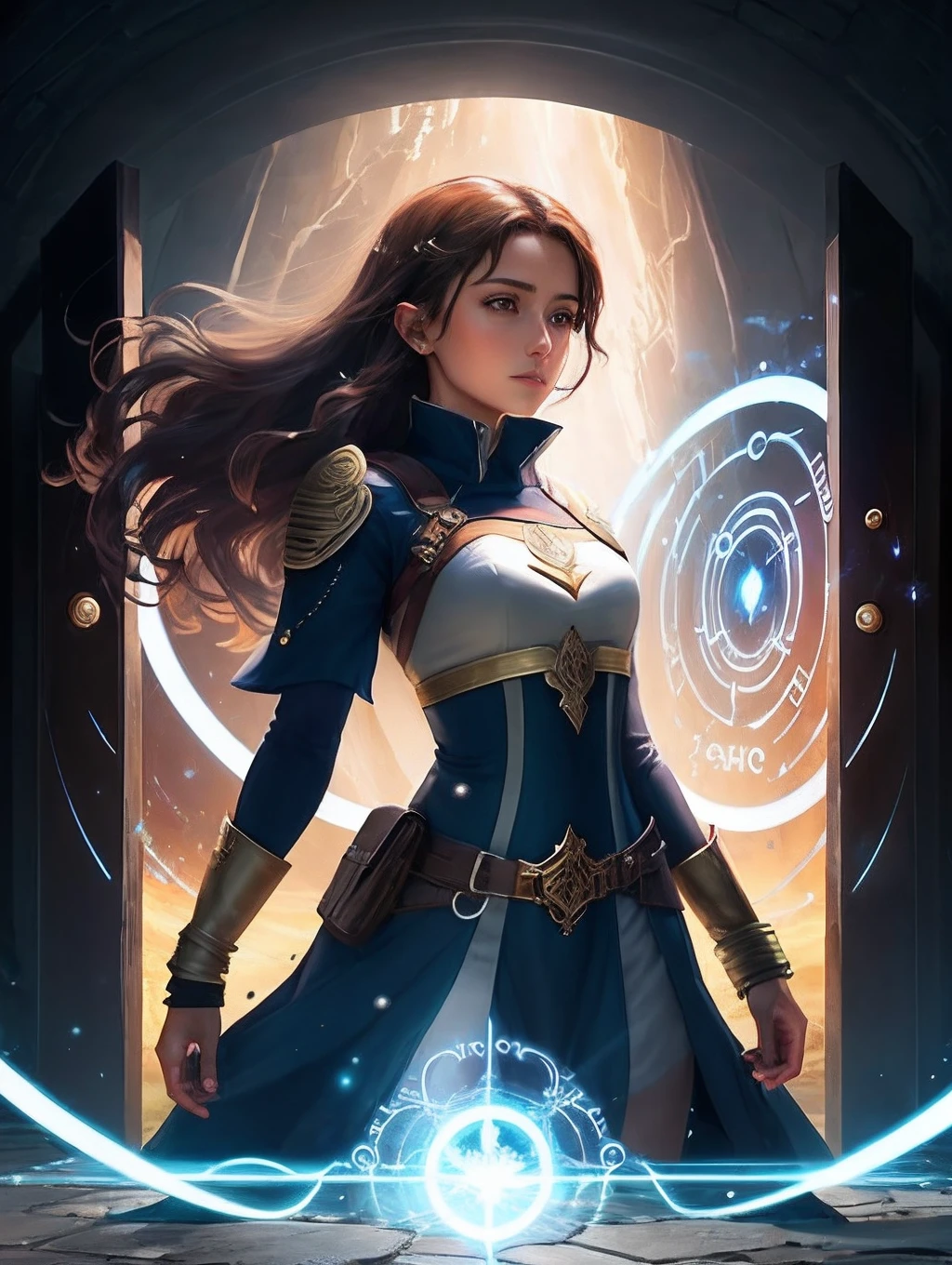 Sophia, The Guardian of the Portals, estava preparada para abrir o portal que Rafael havia decifrado. She focused her magical energies to stabilize the portal and ensure that the passage was safe for the group. His ability to manipulate and secure portals was vital at this critical time in the quest for the Cryptography of Life.