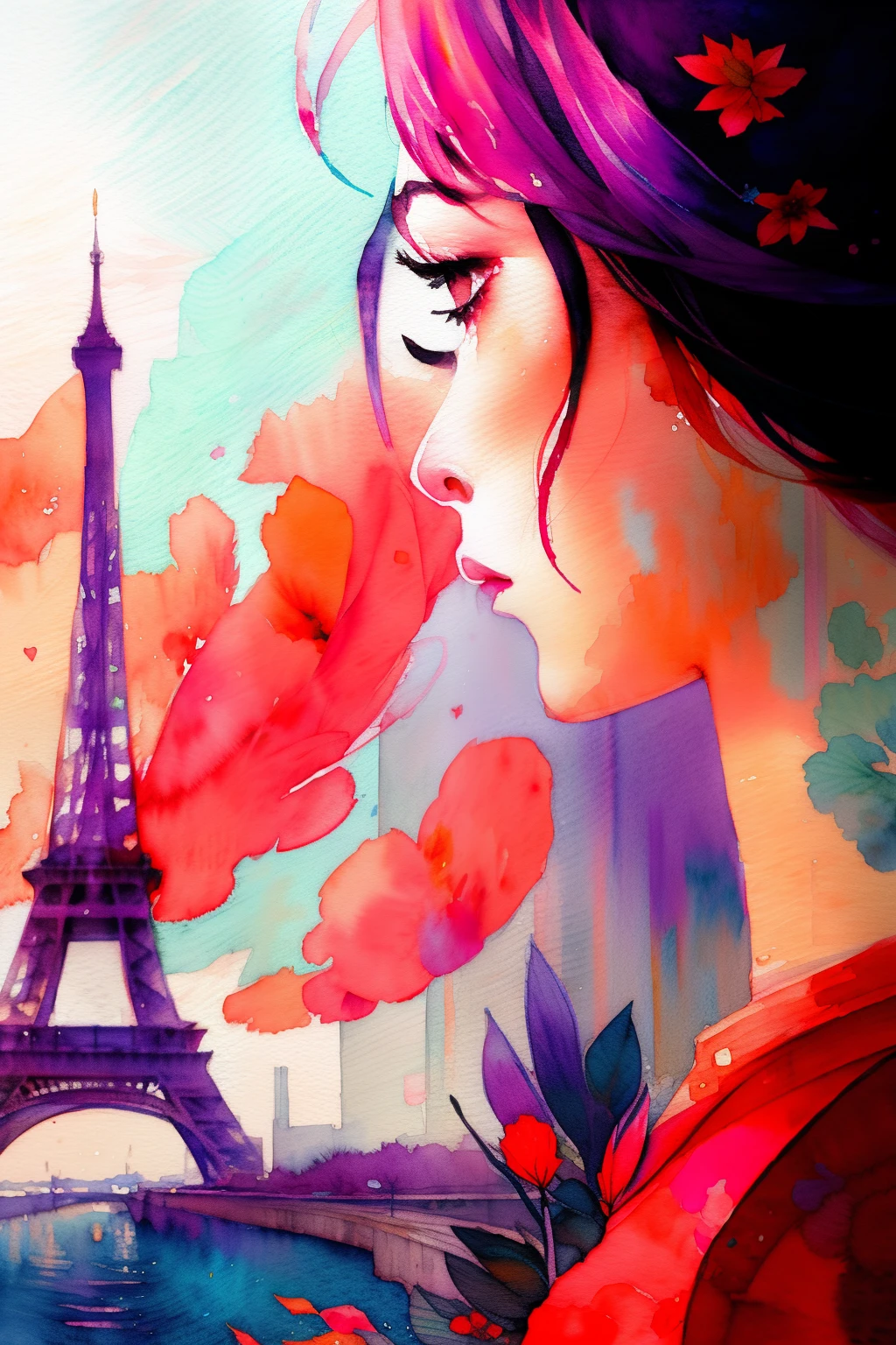 wtrcolor style, (rose) digital art, official art, drifting in the wind, masterpiece, beautiful, ((watercolor)), paint splash, intricate details. Very detailed, [dripping:0.7], trends on Artstation, Rachel Walker, Chinese woman, single eyelids, small eyes, soft looks. Behind it is the Eiffel Tower in Paris.