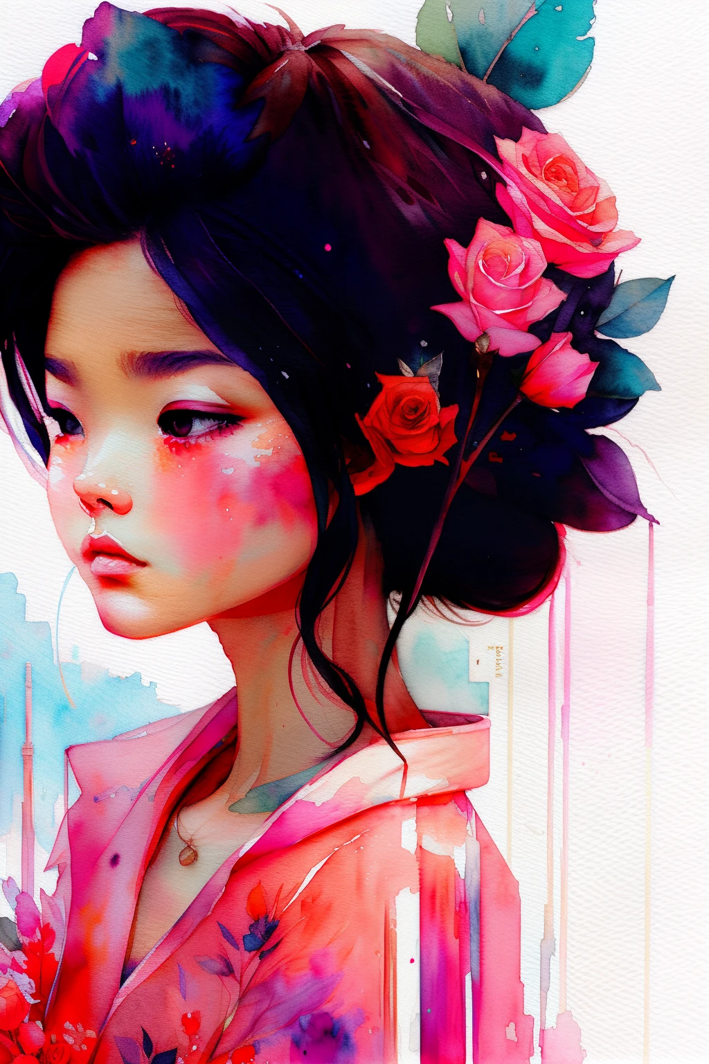wtrcolor style, (rose) digital art, official art, drifting in the wind, masterpiece, beautiful, ((watercolor)), paint splash, intricate details. Very detailed, [dripping:0.7], trends on Artstation, Rachel Walker, Chinese woman, single eyelids, small eyes, soft looks. Behind it is the Eiffel Tower in Paris.