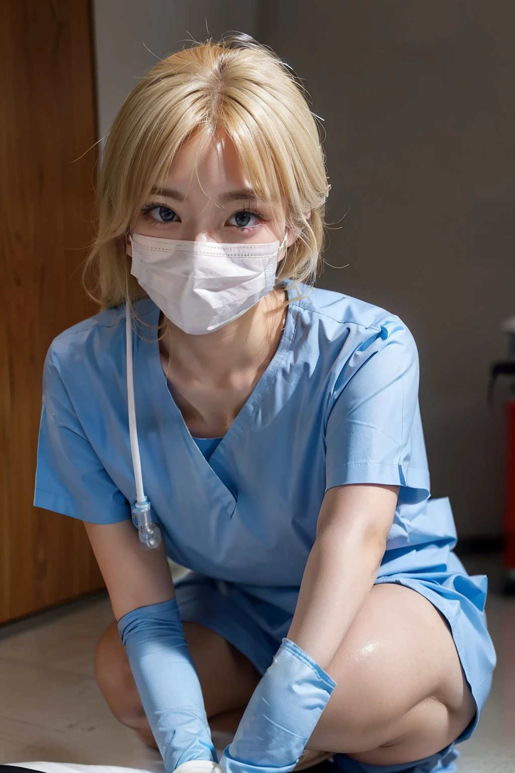 laugh、crouching down、Kamimei、Woman in light blue shirt、surgical mask、rubber glove、I can almost see my chest、crouching down、surgeon, holding syringe,laugh、nurse girl, in 8K, healthcare worker, Surgery IV, Nurse, surgical mask covering mouth, hyper realstic, (doctor)、((blondehair))、Highly detailed facial and skin texture、A detailed eye、二重まぶた、((top-quality、8K、masterpiece:1.3)