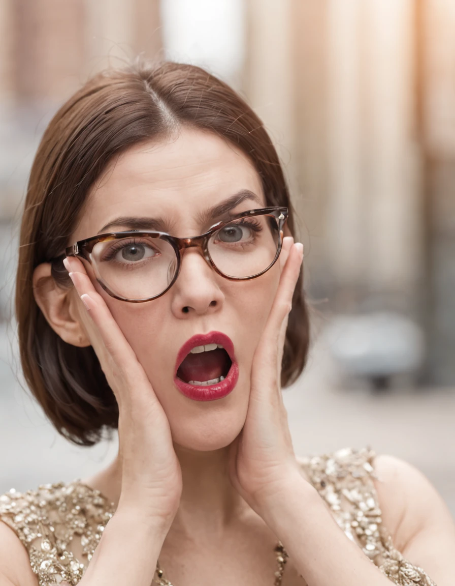 one with extremely giant glasses woman seeing extremely badly face extremely surprised mouth completely open expression extremely shocked on her face hands holding the glasses