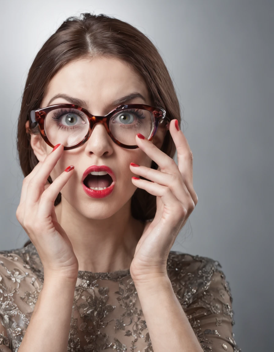one with extremely giant glasses woman seeing extremely badly face extremely surprised mouth completely open expression extremely shocked on her face hands holding the glasses