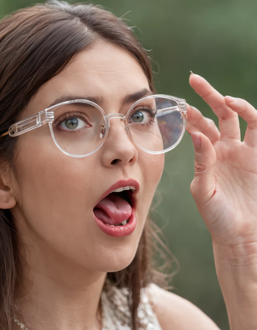 one with extremely giant glasses woman seeing extremely badly face extremely surprised mouth completely open expression extremely shocked on her face hands holding the glasses
