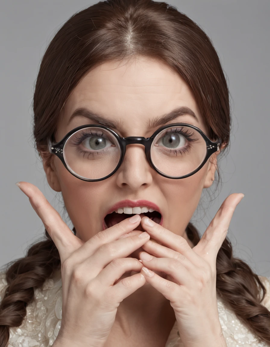 one with extremely giant glasses woman seeing extremely badly face extremely surprised mouth completely open expression extremely shocked on her face hands holding the glasses