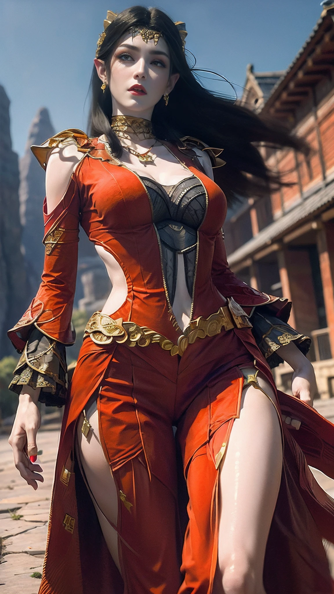 (8k, RAW photo, best quality, masterpiece:1.2), (realistic, photo-realistic:1.4), (extremely detailed CG unity 8k wallpaper), (1 girl:1.5), Western beauty, (Red clothes: 1.4), red spots on forehead, pale skin, blush, big eyes, full body, thighs, open navel, gold waist chain, gold jewelry, flying ribbons, particles, background is Loulan ancient city, ancient city wall, desert, dance, dunhuang_dress, dunhuang_style,