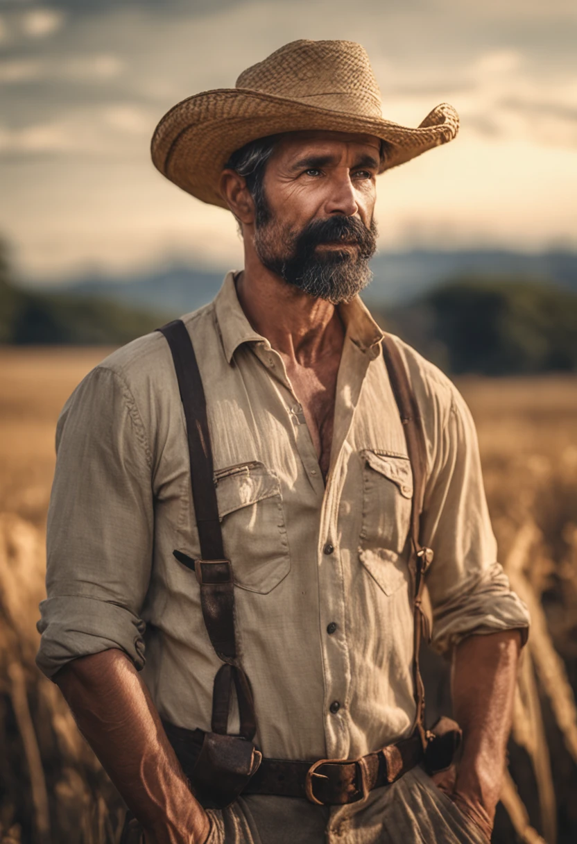 1man, smart man, 33 year old, short black hair, black eyes, tan skin bearded farmer with straw hat standing crossed arms in field with sun behind him , Pretty, breathtaking, realistic, Ultra-realistisches Bild, natural mustache, soft portrait shot 8 k, Highly detailed portrait, dicker Schnurrbart, Hyperrealistischer Stil, thin beard, kurze Gesichtsbehaarung, Bartstoppeln, Pretty, detailliertes Gesicht, ultra realistic portrait,HD, 8k, DSLR, RAW