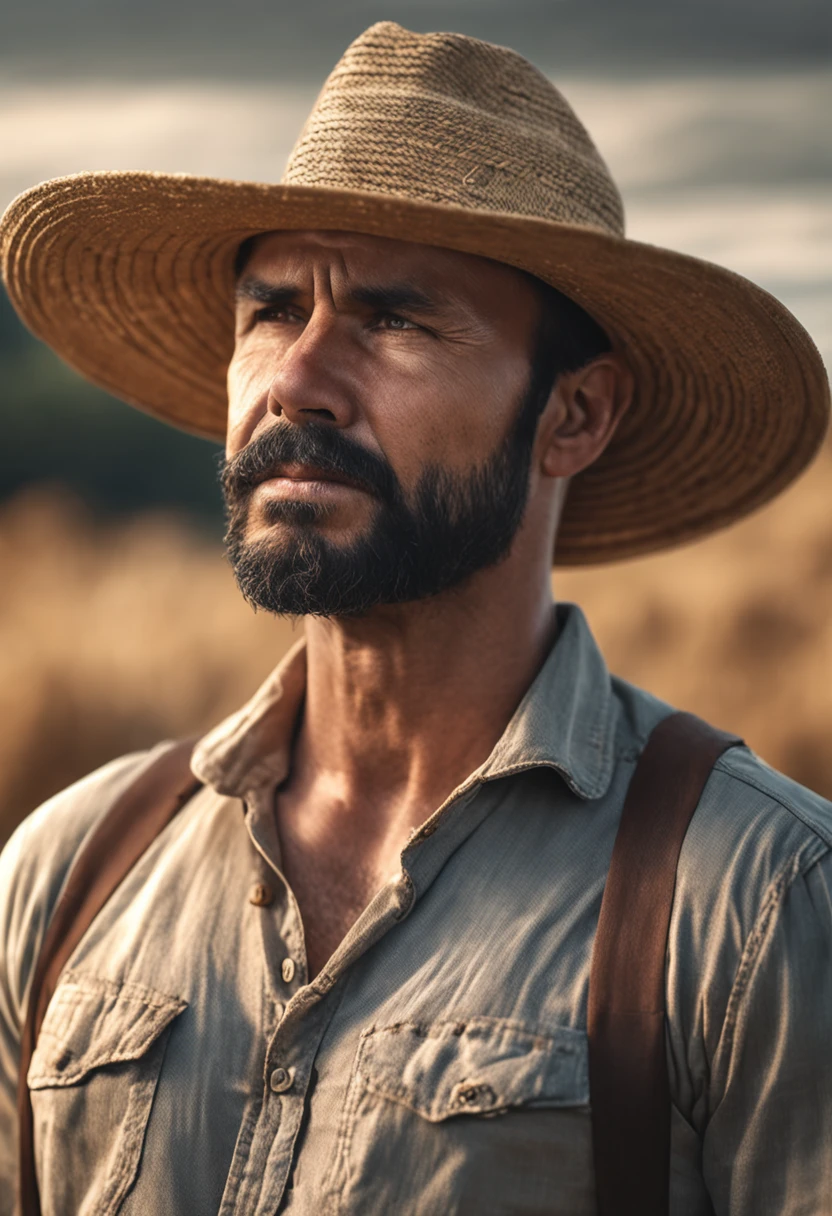 1man, smart man, 33 year old, short black hair, black eyes, tan skin bearded farmer with straw hat standing crossed arms in field with sun behind him , Pretty, breathtaking, realistic, Ultra-realistisches Bild, natural mustache, soft portrait shot 8 k, Highly detailed portrait, dicker Schnurrbart, Hyperrealistischer Stil, thin beard, kurze Gesichtsbehaarung, Bartstoppeln, Pretty, detailliertes Gesicht, ultra realistic portrait,HD, 8k, DSLR, RAW