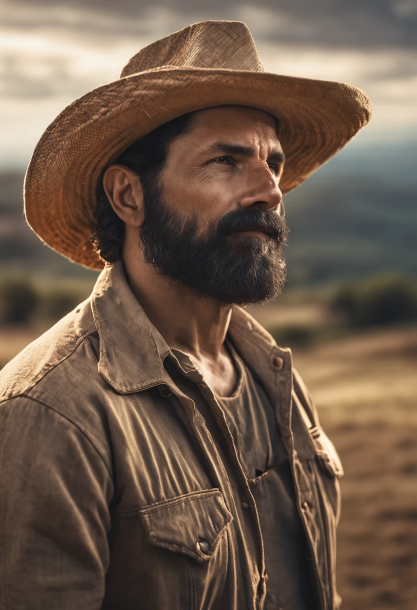 1man, smart man, 33 year old, short black hair, black eyes, tan skin bearded farmer with straw hat standing crossed arms in field with sun behind him , Pretty, breathtaking, realistic, Ultra-realistisches Bild, natural mustache, soft portrait shot 8 k, Highly detailed portrait, dicker Schnurrbart, Hyperrealistischer Stil, thin beard, kurze Gesichtsbehaarung, Bartstoppeln, Pretty, detailliertes Gesicht, ultra realistic portrait,HD, 8k, DSLR, RAW