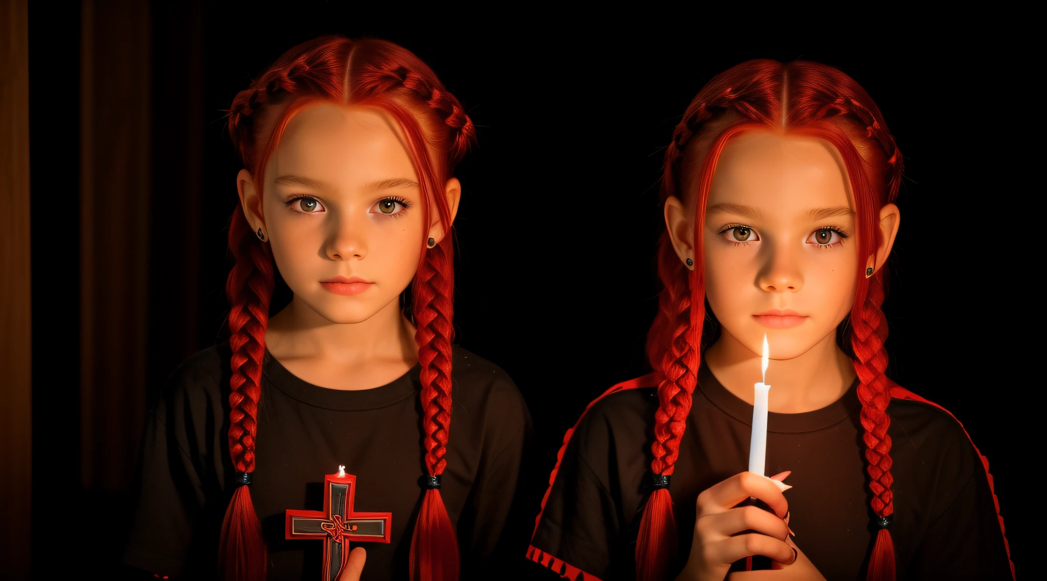 RED HAIR BRAIDS KIDS CABELO LONGO, Gothic cross, cruz, CROSSES WITH LIT CANDLES in hand.