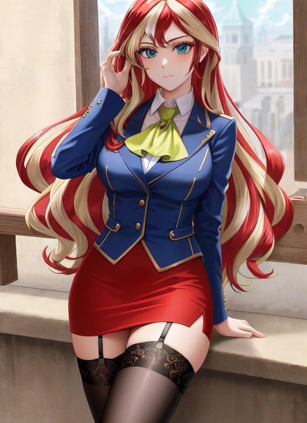 ((best quality)), ((highly detailed)), masterpiece, (detailed eyes, deep eyes), (1girl), cowboy shot, SunsetHuman, (multicolored hair, (two-tone hair:1.1), red and blonde hair), BREAK, aqua eyes, jacket, juliet sleeves, ascot, pencil skirt, thighhighs, high heels, full body