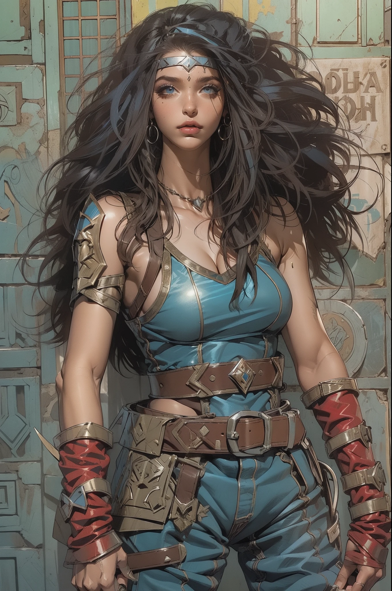 (((mulher))), (((melhor qualidade))), (((obra prima))), (((adulto))), Uma guerreira mulher de 35 anos com corpo perfeito, Gladiadores do Brooklyn, quase nua no estilo selvagem urbano de Simon Bisley para a capa da revista Heavy Metal, cabelos pretos ((( bob haircut ))), Minimum clothing, red and blue checkerboard pattern, armadura, cheio de pontas e rebites, shoulder pads with metal spines, (((do joelho pra cima))), corte de cabelo bob