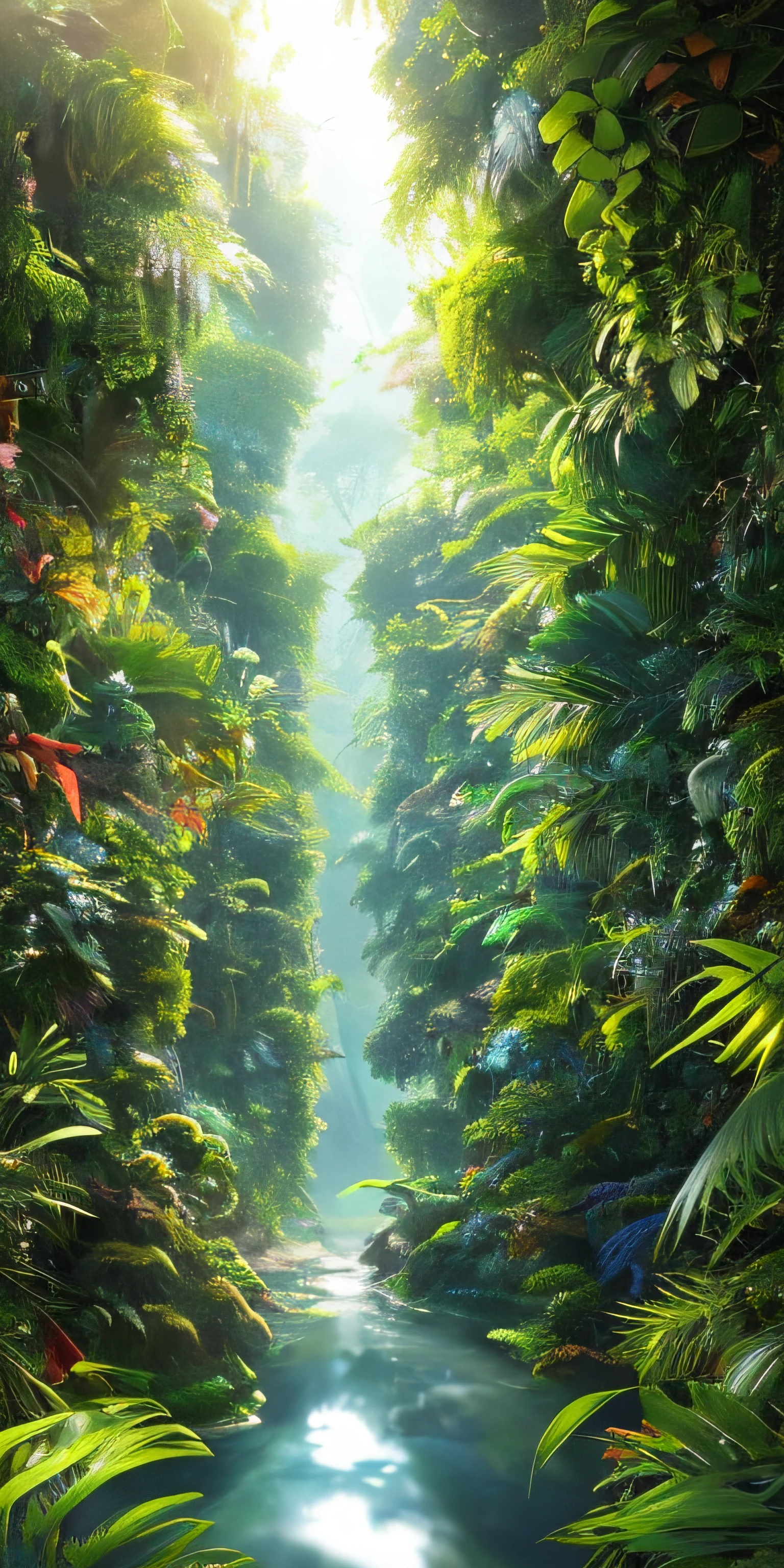 Digital illustration, Detailed and intricate, The dense jungle is full of exotic plants and animals, Sunlight shines through the canopy,Produces a mottled effect. In the style of Yoshitaka Amano and Hayao Miyazaki, Masterpiece, Proportional, Detailed, trending on artstationh, Beautiful lighting, Realistic, Intricate, Award-Awarded, 4K, Highest quality