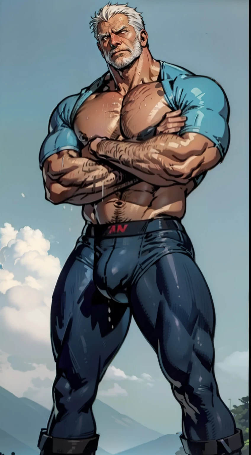Middle-aged and elderly muscle man,50yearsold,short detailed hair,vast pecs,Broad shoulders,Huge crotch bulge,Broken tights,Jet Fighter,face guard,Very little fabric,Indecent expressions,Indecent pose,Male gaze,Wet the body,High picture quality,high detal,full bodyesbian,in a panoramic view,tmasterpiece,