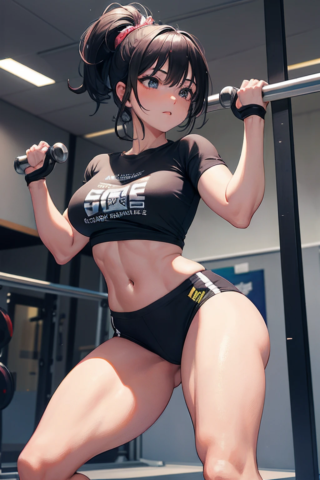 Imagine a vibrant scene where an energetic anime girl is training bodybuilding in a gym, wearing a baggy T-shirt and short black shorts and classic All Star sneakers. Creative lighting style enhances dynamic atmosphere, casting a captivating glow on her as she moves with determination. Meticulously detailed and rendered in astonishing 10k high resolution, Esta obra de arte combina perfeitamente os meios de arte da pintura digital, captura de movimento. Inspirando-se nos estilos de Anime, Realismo, and Urban Contemporary, depicts the liveliness and confidence of an anime girl embracing her fitness journey amidst the bodybuilding gym, com seu short curto adicionando um toque de charme e charme jovem.