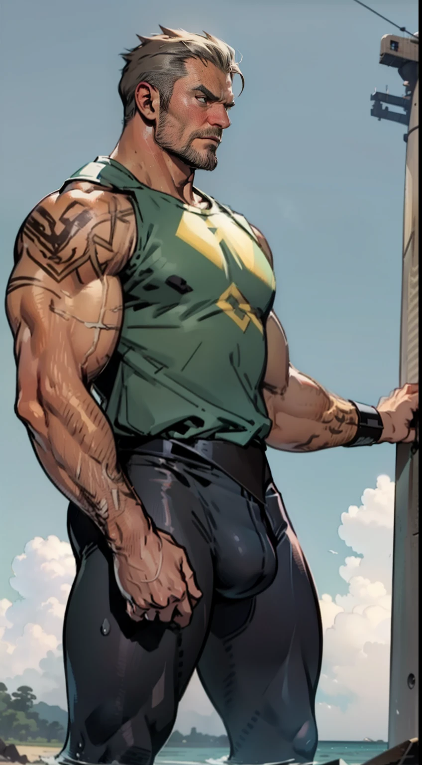 Middle-aged and elderly muscle man,50yearsold,short detailed hair,vast pecs,Broad shoulders,Huge crotch bulge,Broken tights,Jet Fighter,face guard,Very little fabric,Indecent expressions,Indecent pose,Male gaze,Wet the body,High picture quality,high detal,full bodyesbian,in a panoramic view,tmasterpiece,