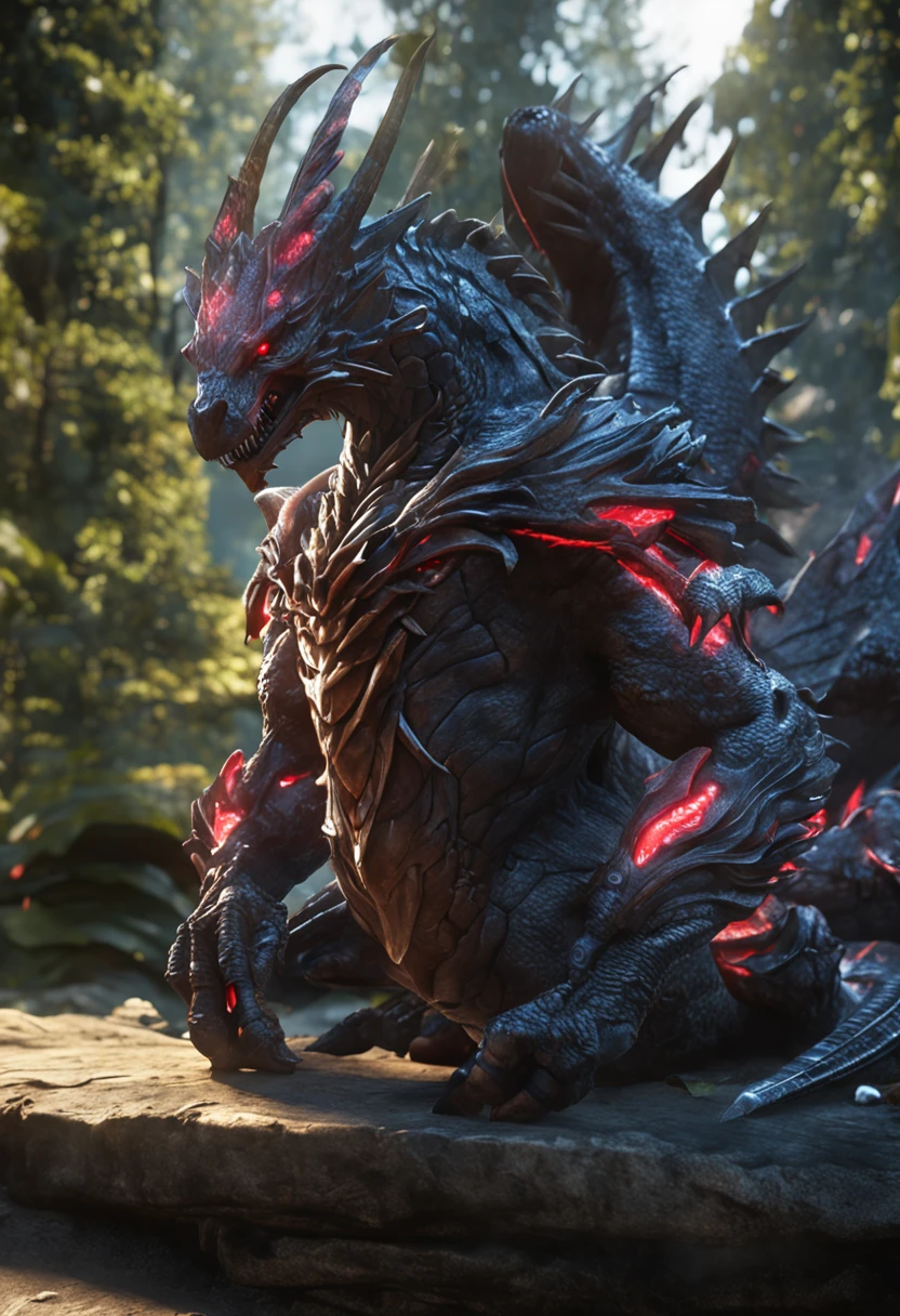anthro, Dragon, Male, full bodyesbian, musculature, Delicate face, Delicate eyes, 1 tail, Black armor, Sword in the back, Silver body, Red eyes, Glowing eyes, agressive, Outdoors, Extremely detailed Cg Unity 8K wallpaper, Realistic, Masterpiece, Highest quality, Lens flare, illusory engine, trending on artstationh, Intricate, High detail, Dramatic, Realism, Beautiful and detailed lighting, Shadows