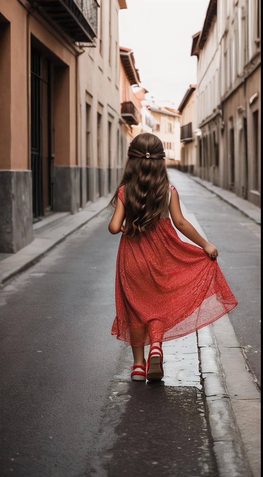 A photo of A child girl with long hair wearing a long light red dress with details and sleeveless an elegant dress and she is walking down the street alone realistic texture