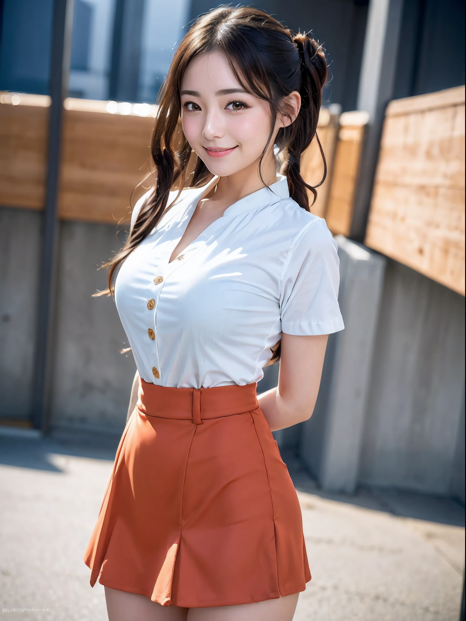 (8K, 超A high resolution, Best Quality, masutepiece:1.2),(18year old:1.2)、8K、RAW portrait of japanese girl、Photorealsitic、超A high resolution、top-quality、well-styled、Bunching hair、The face is small、,(Japan sailor suit miniskirt)、(Absolute area)、(Natural Skin Texture、Detailed skin、Hyper-Realism、ultra sharpness)、intricate detailes、depth of fields、hposing Gravure Idol、actress、Captivate your audience,Smiling happily、Schools