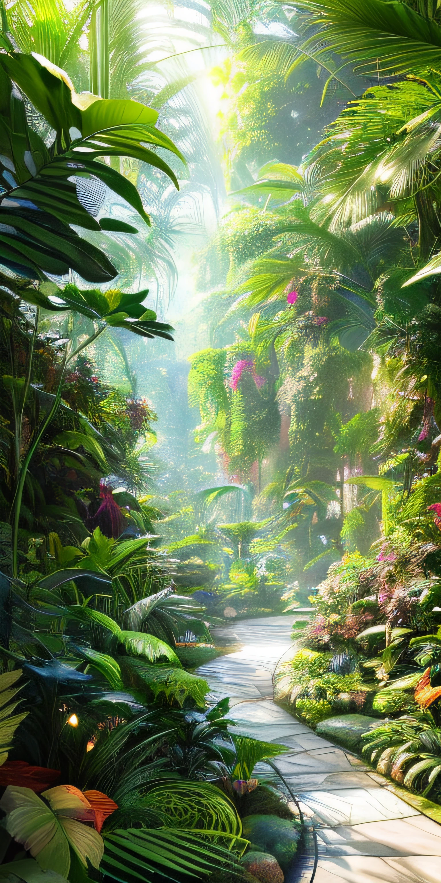 Digital illustration, Detailed and intricate, The dense jungle is full of exotic plants and animals, Sunlight shines through the canopy,Produces a mottled effect. In the style of Yoshitaka Amano and Hayao Miyazaki, Masterpiece, Proportional, Detailed, trending on artstationh, Beautiful lighting, Realistic, Intricate, Award-Awarded, 4K, Highest quality