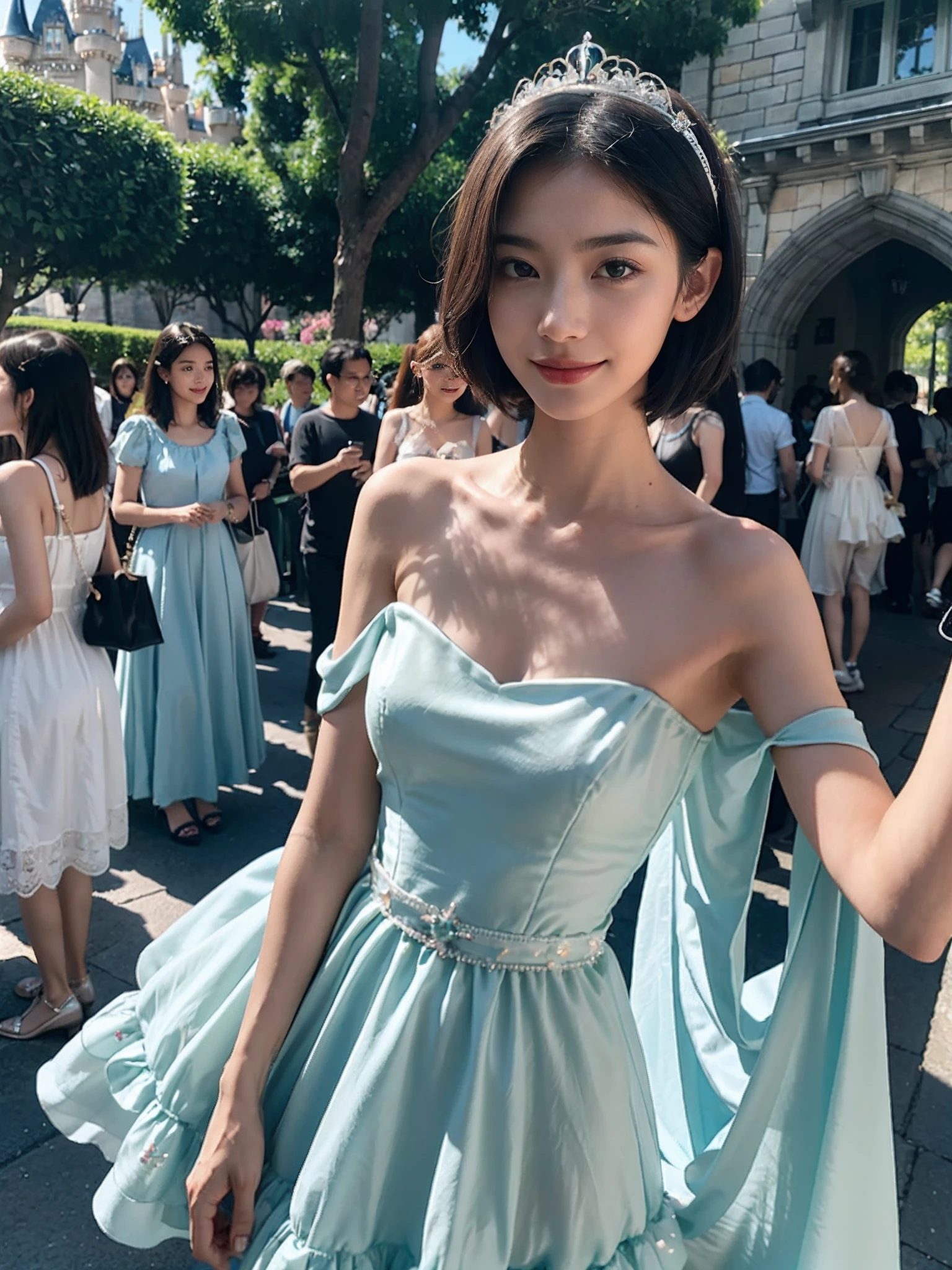 ((smallunderboob,Tomboyish,small heads)), (Well-defined abs: 1.1), (perfect bodies: 1.1), (shoulder-length straight short hair: 1.2), Black hair, upper body photos, attractive collarbone，（极其细致的CG 8k壁纸），（Extremely refined and beautiful），（Masterpiece），（best qualtiy：1.0），（超高分辨率：1.0），beautiful light up，Perfect lightning，realistic shaded，[A high resolution]，Smooth and flawless fair skin，ultra - detailed ，Elongated legs，flatchest，Slim，emaciated，Smile，cheerfulness，yellow Gorgeous fairy tale princess Lolita dress，White crystal high heels,an ice cream in hand，summer，morning sunlight，At Disneyland，Large fairytale castle，sunny，blue sky，white cloud，Crowded crowds，Close-up