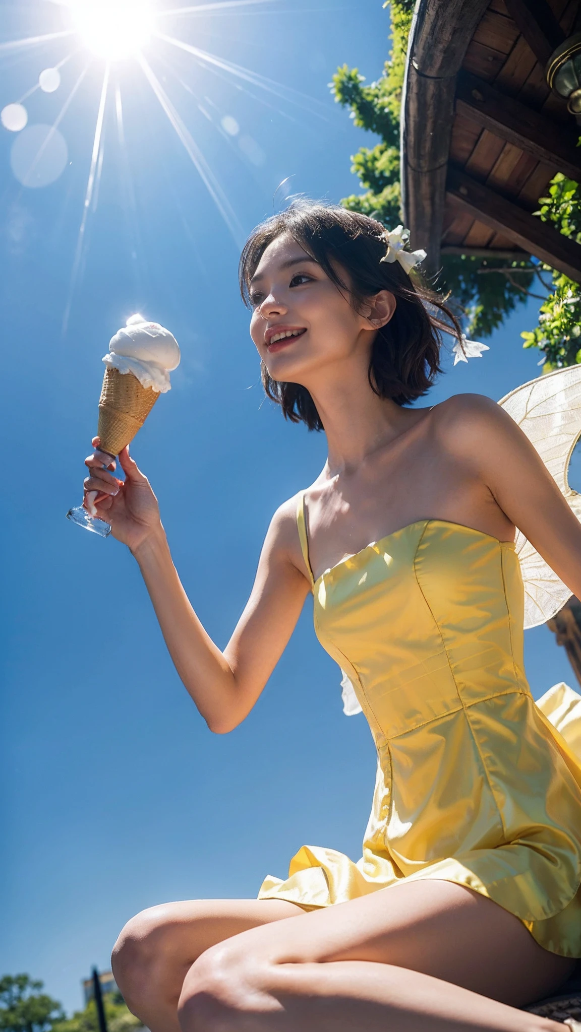 ((smallunderboob,Tomboyish,small heads)), (Well-defined abs: 1.1), (perfect bodies: 1.1), (shoulder-length straight short hair: 1.2), Black hair, upper body photos, attractive collarbone，（极其细致的CG 8k壁纸），（Extremely refined and beautiful），（Masterpiece），（best qualtiy：1.0），（超高分辨率：1.0），beautiful light up，Perfect lightning，realistic shaded，[A high resolution]，Smooth and flawless fair skin，ultra - detailed ，Elongated legs，flatchest，Slim，emaciated，Smile，cheerfulness，yellow Gorgeous fairy tale princess Lolita dress，White crystal high heels,an ice cream in hand，summer，morning sunlight，At Disneyland，Large fairytale castle，sunny，blue sky，white cloud，Crowded crowds，Close-up