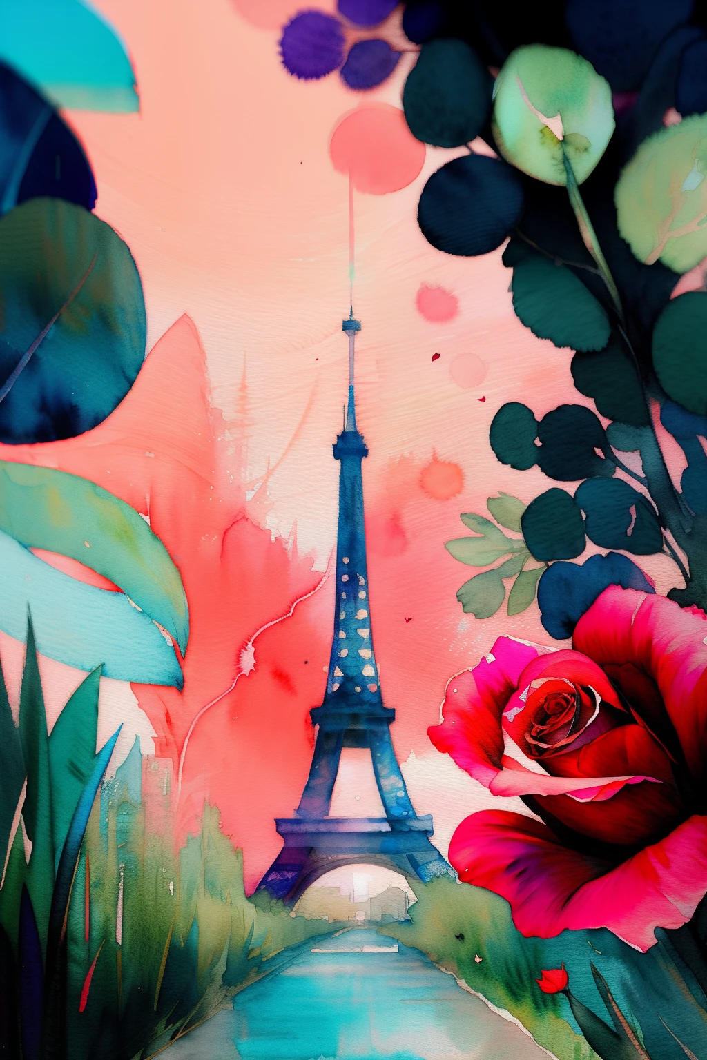wtrcolor style, (rose) digital art, official art, drifting in the wind, masterpiece, beautiful, ((watercolor)), paint splash, intricate details. Very detailed, [dripping:0.7], trends on Artstation, Rachel Walker, Chinese woman, single eyelids, small eyes, soft looks. Behind it is the Eiffel Tower in Paris.