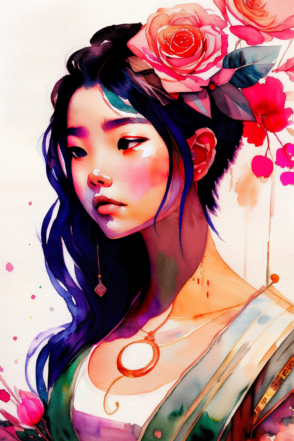 wtrcolor style, (rose) digital art, official art, drifting in the wind, masterpiece, beautiful, ((watercolor)), paint splash, intricate details. Very detailed, [dripping:0.7], trends on Artstation, Rachel Walker, Chinese woman, single eyelids, small eyes, soft looks. Behind it is the Eiffel Tower in Paris.