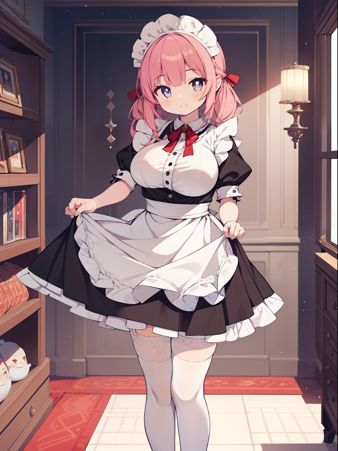 1girl in:1.2), (Solo:1.2), masutepiece, nffsw、Shaders、Brilliant Textured Work、Ultra-detailed eyes、ultra-intricate pupil in eyes、top-quality、Pink hair、skinny、Bright red maid clothes、Head dress、Young face、a baby face、seducting smile、very large breast、Maid miniskirt、white tights、White garter belt、Maid shoes、Red shoes、long twintail、voluminous hair、Western Antiques、Standing Picture、