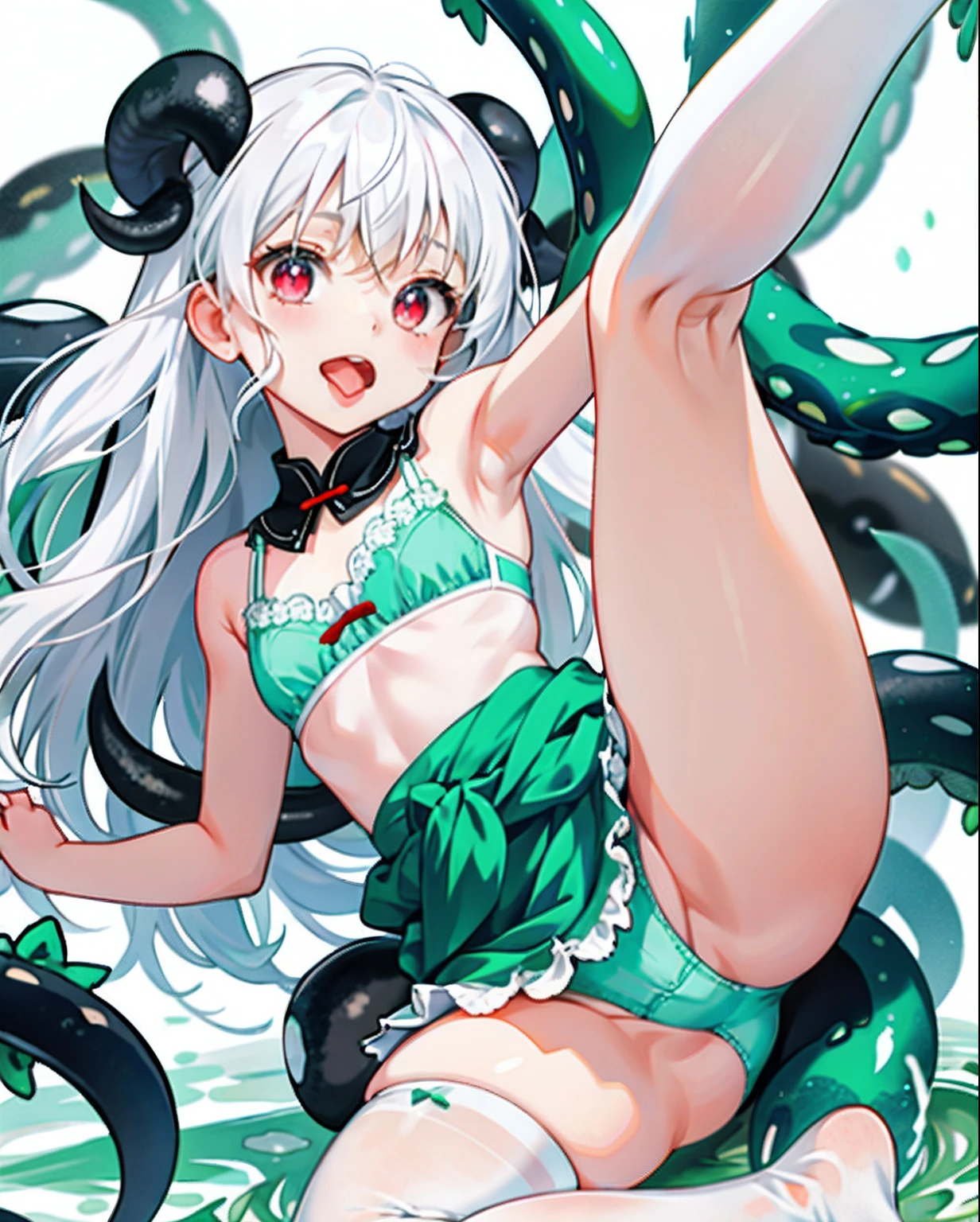 Little with white hair and red pupils。White stockings on her legs,without wearing shoes, 。。delicate leg。No bra wearing,,Show small ,The kinky is exposed ,Small and delicate feet。There is a large amount of white fluid at the base of the thigh。open open mouth,Stick out her tongue,Bare belly and shoulders。,Little Lori's neck was gently strangled by black tentacles,Little Lori wears only panties and bra, On,There is a large amount of white liquid on the lower body。Little Lori raised her hands above her head。,Expose the armpits,Raise your legs,Show me the soles of your feet in full,There is a white liquid on the soles of the feet。The thighs and calves are fully presented in front of me。The soles of my feet are fully displayed in front of me。Little loli white liquid on her tongue。There is a white liquid under the armpits。Little Lori lay in a patch of green sticky mucus。Several green tentacles wrapped around little Lori's thighs。Several green tentacles wrapped around the little loli's w。There were also several green tentacles wrapped around the little loli's ankleittle Lori's face flushed。