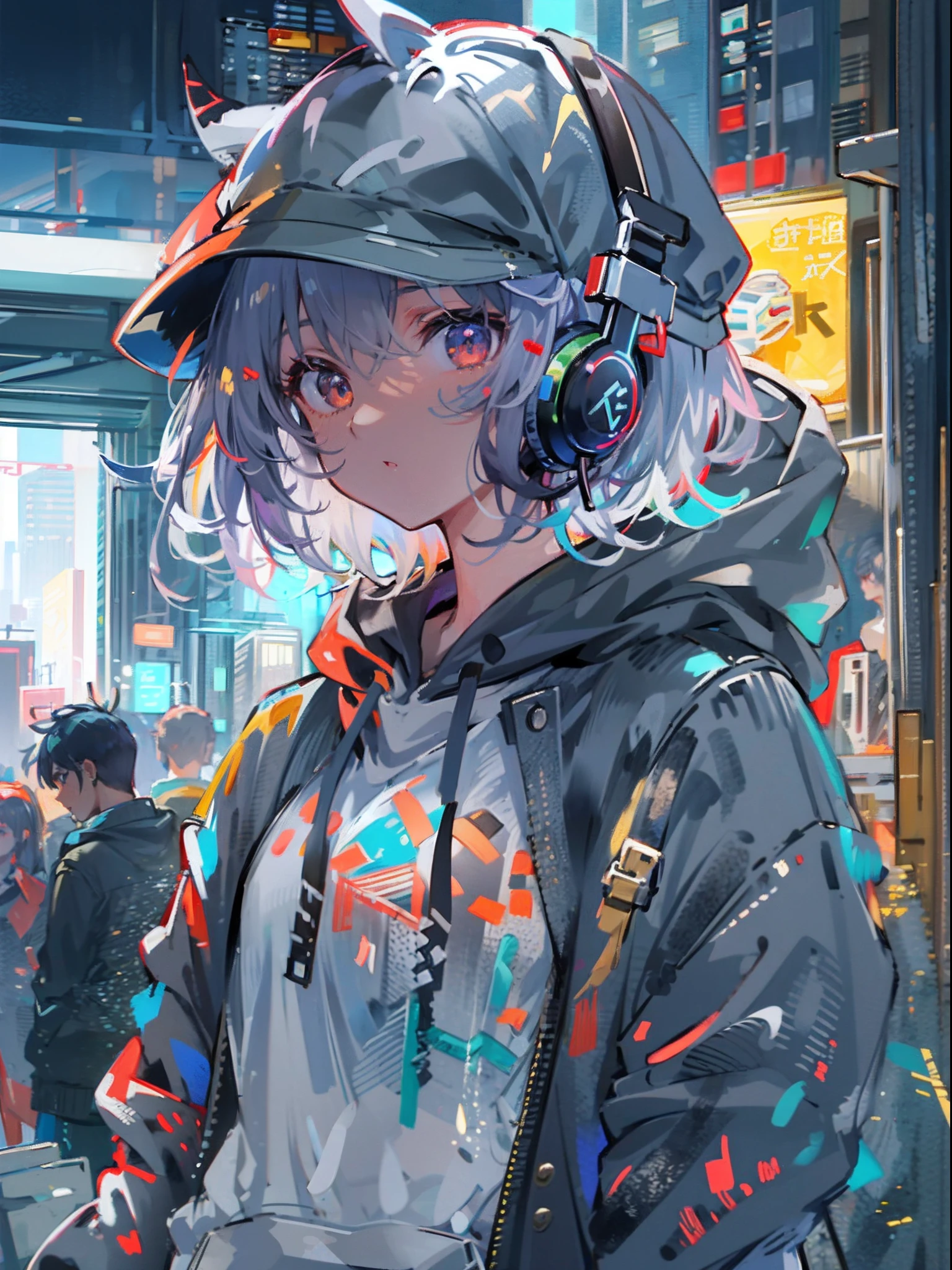 8K分辨率、((top-quality))、((masterwork))、((ultra-detailliert))、1 woman、独奏、incredibly absurdness、Oversized Hoodies、headphones、street、plein air、Sateen、neons、Shortcut Hair、Brightly colored eyes、Hands in pockets、shortpants、water dripping