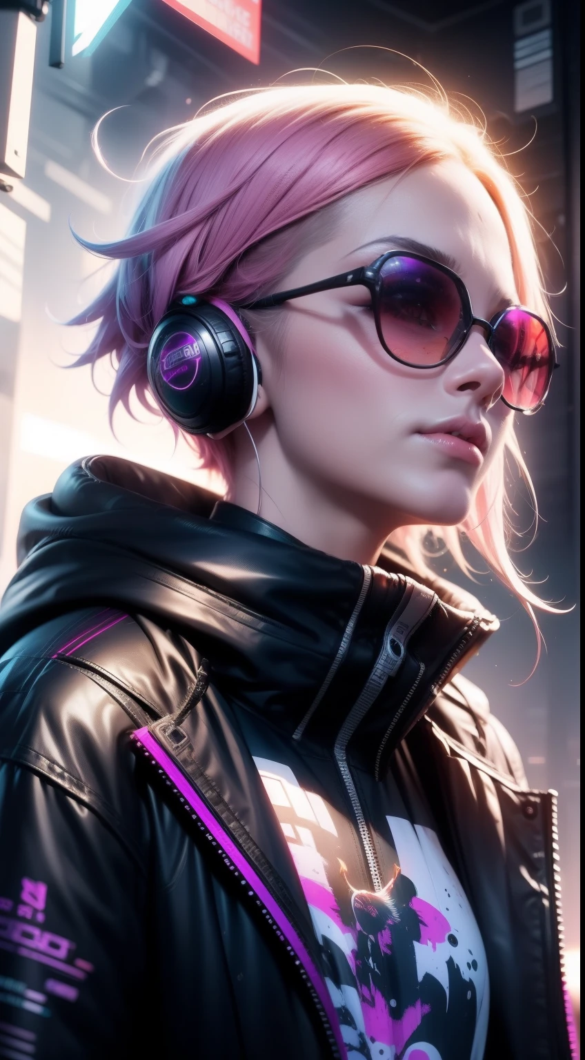 （Perfect centering+Colorful carp）, Wear a student team jacket, Wearing sunglasses, Wearing headphones, cheerfulness, Standing position, Abstract beauty, Centered, Facing the camera, Looking at the audience, nearing perfection, Digital painting, art  stations, concept-art, smooth, Sharp focus, 8K, high definition resolution, illustration, Art by Carne Griffiths and Wadim Kashin, White background
