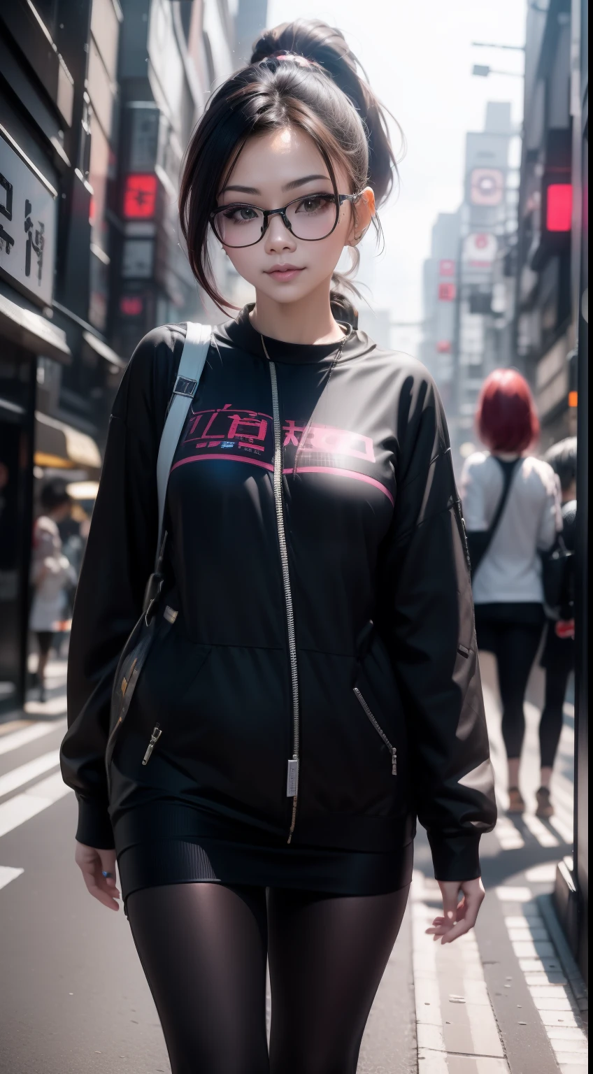 Beautiful woman with medium hair, Hair with a ponytail, Aviator glasses, Cyberpunk-inspired short outfits, On the streets of Tokyo, Modern age city,