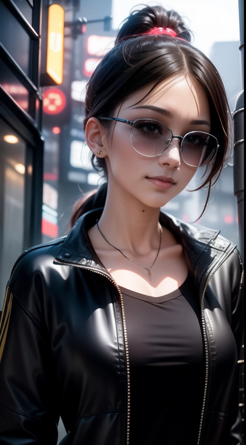 Beautiful woman with medium hair, Hair with a ponytail, Aviator glasses, Cyberpunk-inspired short outfits, On the streets of Tokyo, Modern age city,