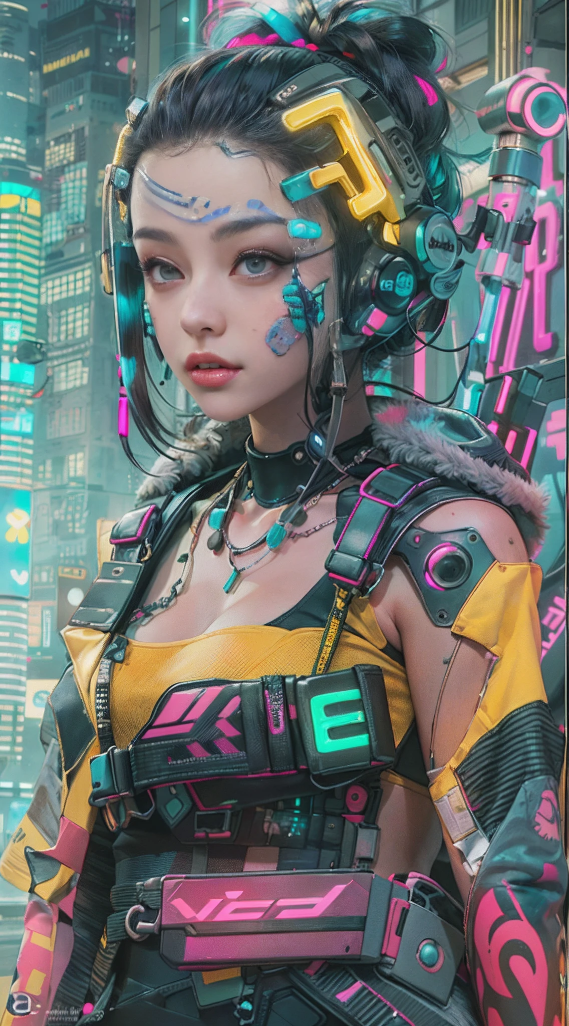 master part, best quality, (((2 garotas cyberpunk confiantes juntas))), Arreio corporal cyberpunk inspirado em Harajuku, bold colors and patterns, Attractive accessories, penteado moderno e inovador, maquiagem vibrante, Paisagem urbana deslumbrante cyberpunk, skyscrapers, neon signs, luzes led, esquema de cores vivas e brilhantes, anime, illustration, Textura detalhada da pele, textura de pano detalhada, Rosto bonito e detalhado, detalhes intrincados, ultra detalhado.