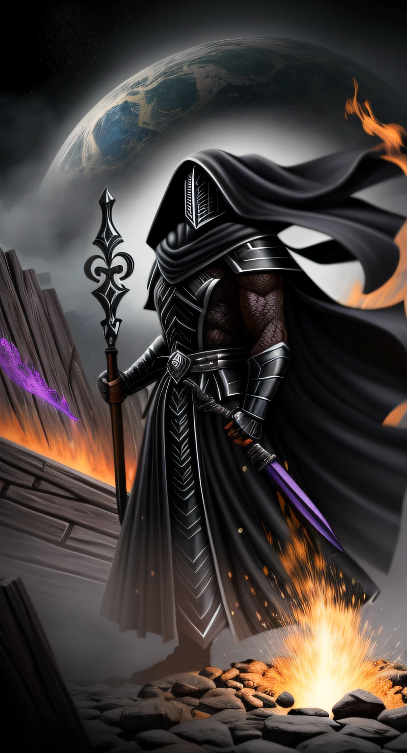 Um gladiador gigante forte e robusto. Com uma armadura reluzente Negra envolto em uma aura roxa e repleto de magia arcana Roxa. No black cloaks on the head skin color Purple. Forte e robusto