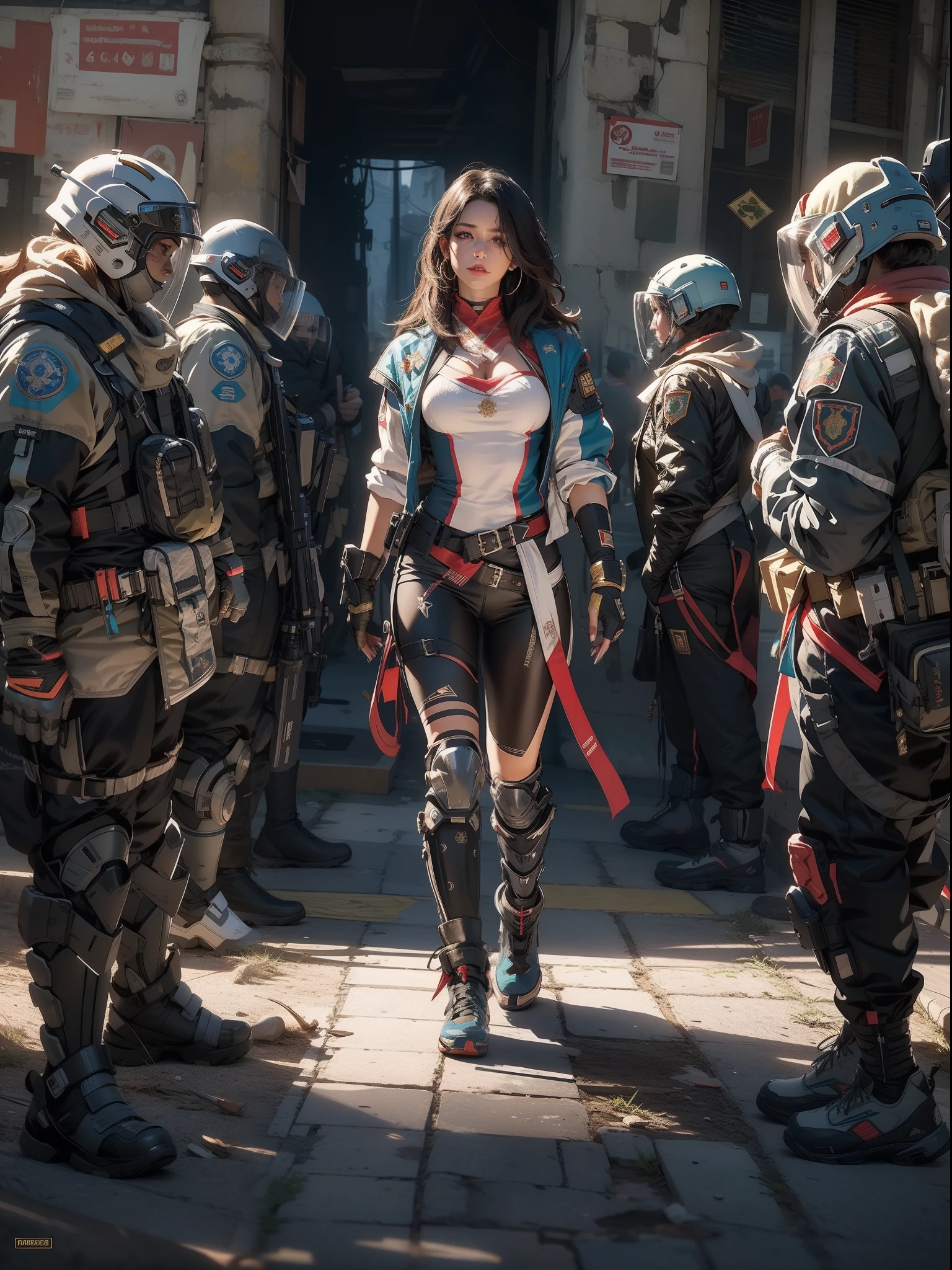 ((Melhor qualidade)), ((obra-prima)), (detalhado: 1.4), (Absurdo), mulher latina, corpo definido, coxas meio grossas, boca fechada, coberta por roupa de gladiadores, Post-apocalyptic cyberpunk style, ((middlebreasts)), (olhos lindos), ((roupa nas cores da bandeira do Brasil)), (((cabelo cacheado))), (inclua estrelas de 5 pontas no uniforme), close to the real, psicopata, cara de louca, pose sexy, no fundo designs intrincados feitos por Shepard Fairey, ombreiras super detalhadas, nijistyle, centralizada, scale to fit dimensions, HDR (High Dynamic Range),Ray Tracing,NVIDIA RTX,Super-Resolution,Unreal 5,Subsurface dispersão, Textura PBR, Post-processing, anisotropic filtering, Profundidade de campo, Maximum clarity and sharpness, Texturas multicamada, Albedo e mapas especulares, surface shading, Accurate simulation of light-material interaction, perfectly proportions, Octane Render, Two-tone lighting, Ampla abertura, Baixo ISO, white-balance, thirds rule, 8K RAW