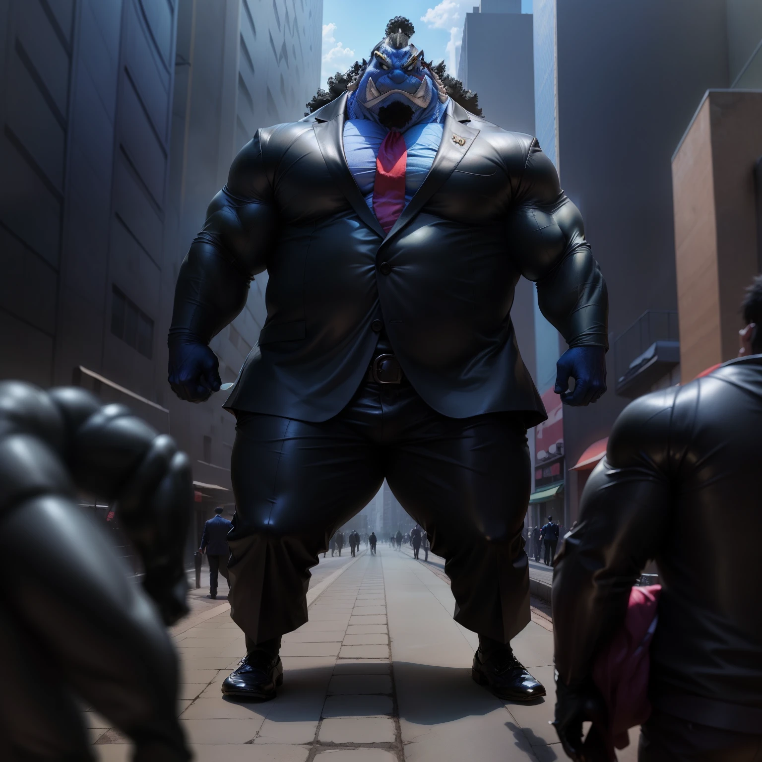 ((solo, 1boy)), (A strong and muscular man ((jinbei)) walking on a urban city), tusk, jinbei oyabun, wearing suits ((black suits)), blue skin, jinbei oyabun