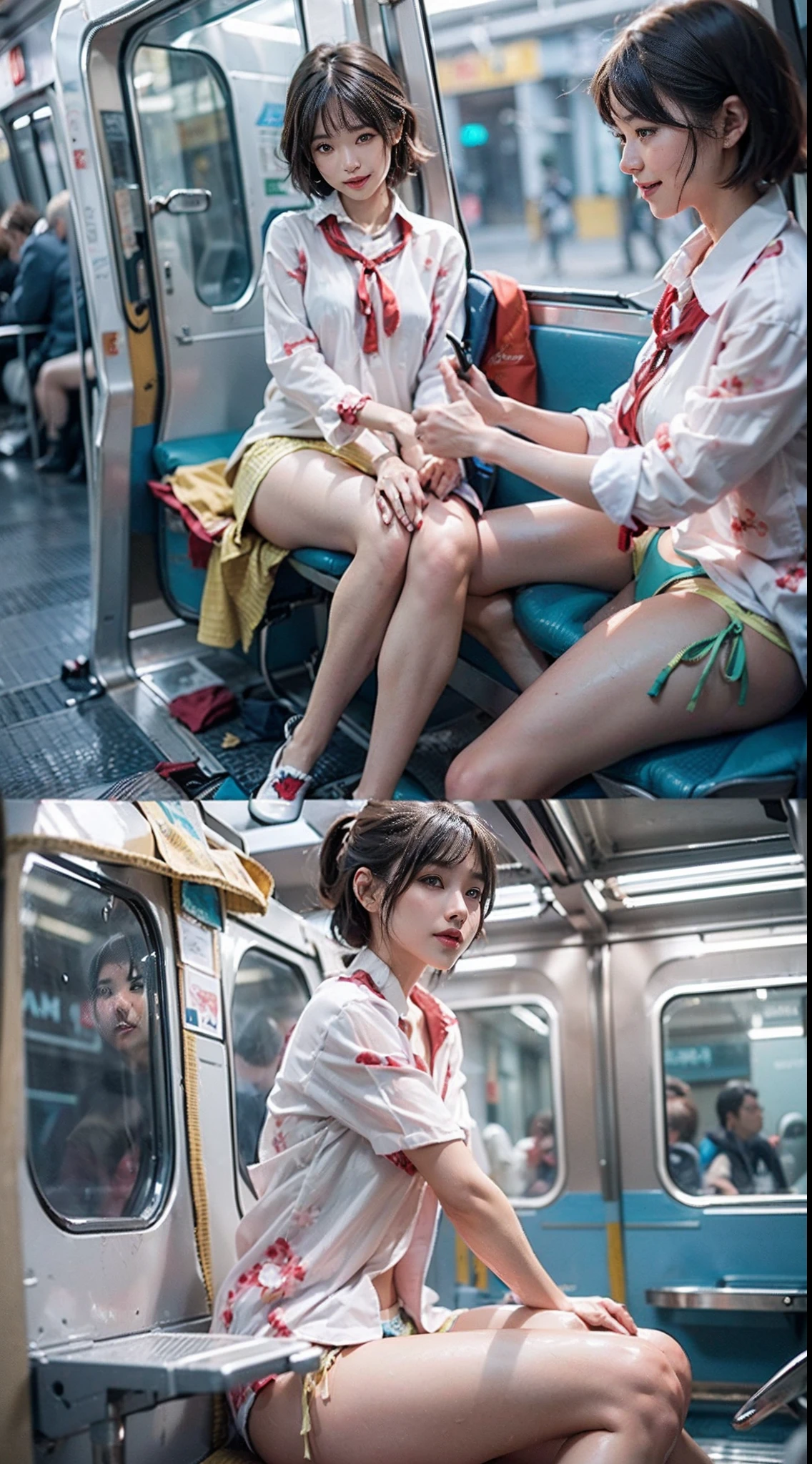 NSFW, 1girl in, (((sitting with one's legs spread))), (((Show your panties to the camera))), Forward-facing, Smiling smile, The costume is sheer, de pele branca, slender, Dark hair, short-hair, beauty legs, Small buttocks, Wet, On the Japan train, Sit in the seat, ((Wear clothes on the upper body)), ((Sit with your legs spread in front of the camera)), ((The skirt is definitely worn)), (((Sit with your knees wide apart))), (((Sit with your thighs open))), (((Show your crotch to the camera))), Pale colored panties, panties focus, surrealism, Cinematic lighting, depth of fields, One-person viewpoint, F/1.8, 135 mm, canon, nffsw, masutepiece, ccurate, Anatomically correct, Textured skin, Super Detail, high details, High quality, awardwinning, Best Quality, hight resolution, 1080p, 4K, 8K