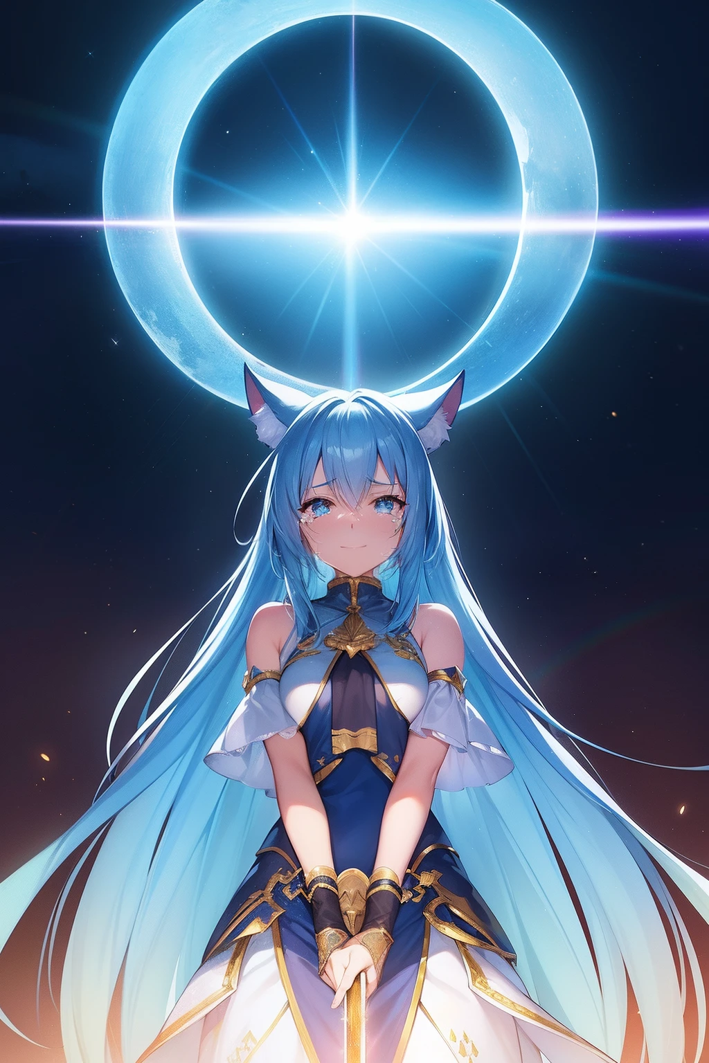 Gold picture frame,Cat's ears,hair is blue and long,Goggles shine on her head,Her skin is pale, She crosses her arms and smiles, A blade of light enveloped me like a snake in interstellar wind,Unleash the Blade of Light, Highest Quality, Carry a blue cloak with war maiden decorations,Raise the rainbow sword of the brave, ((sad))((Big tears)), 8 Blue Light Sword,Blade of Light,Lens Flare, Big rainbow,The moon shines,Star chips, bloom, ((light glow)), chromatic abberation], Digital Painting, Insane details, Intricate details, Beautifully color graded, Unreal Engine, Cinematic , colour grading, Editorial Photography , Photography, Photo Shot, Shot on 70mm lens, depth of fields, degrees of freedom, Tilt Blur, Shutter Speed 1/1000, h/22