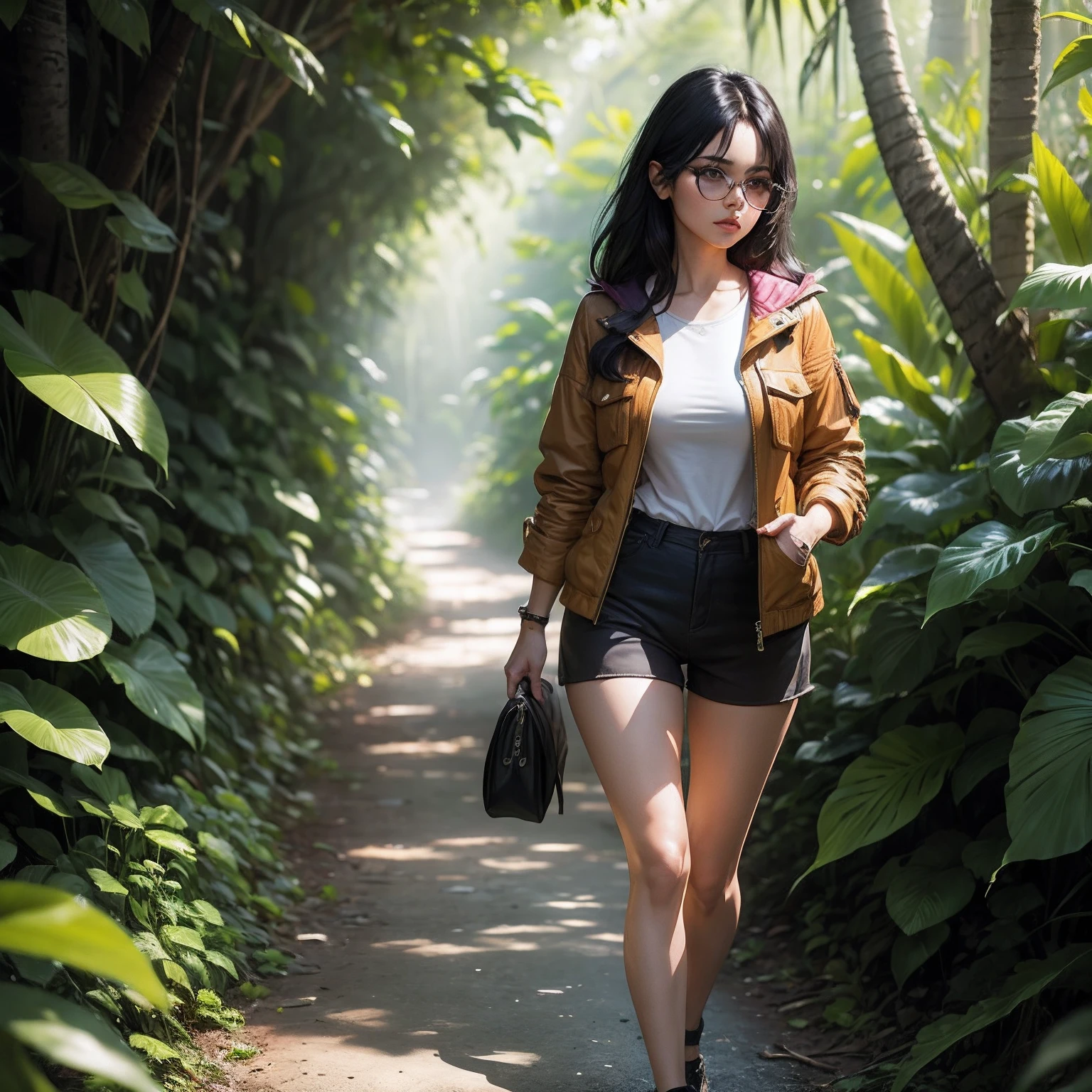 A woman walking in a tropical forest, with jacket and short pants, fashionable, byvery brautiful face, dark brown iris, black hair, full body, wild plants and colorful flowers --auto