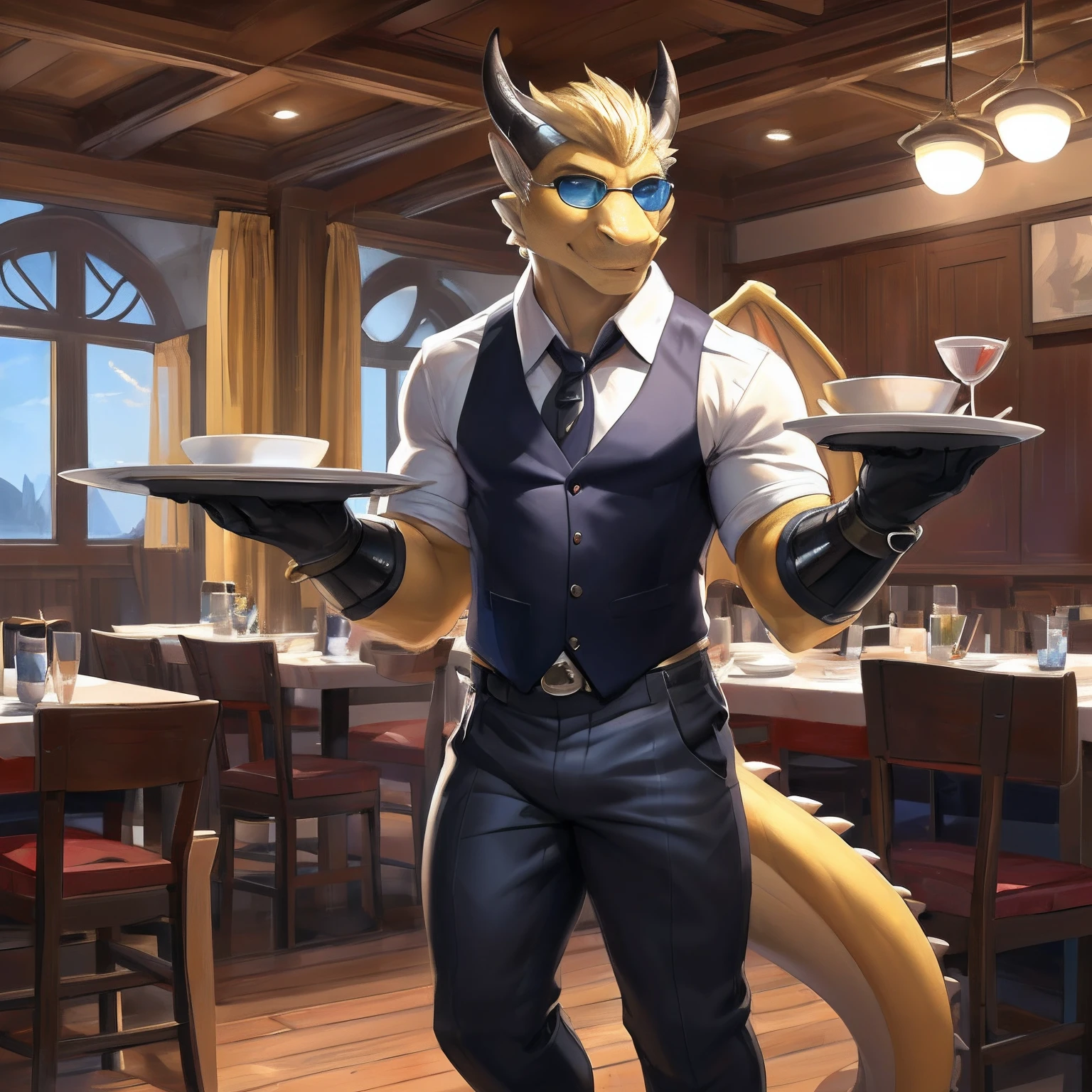 (masterpiece, best quality, high quality, highres:1.4), detailed, extremely detailed, ambient soft lighting, 4K, by (by Pino Daeni, (by ruaidri), yupa, kiyosan,(by meesh), (by fffffolder)), delga: (slim, athletic, dragon, yellow body, smooth skin, athletic muscle, anthro legs, (dragon feet), (toe claw), blue eyes, blonde spikes, (detailed eyes), dragon horn, dragon tail, two wings, dragon wings, wings on back, star shaped glasses, sunglasses, electric guitar, lightning, thunder, (clothing, (topwear: (waiter, black vest), handwear:(none), bottomwear:(pants:black, [[leg armor]]))), handsome, closed_mouth, ((serious_look, serious)) tag:1boy), standing, performing, playing electric guitar, pov,